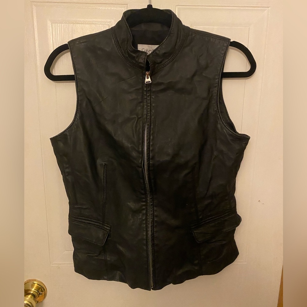 VTG Calvin Klein Black Leather Moto Zip-Up Vest